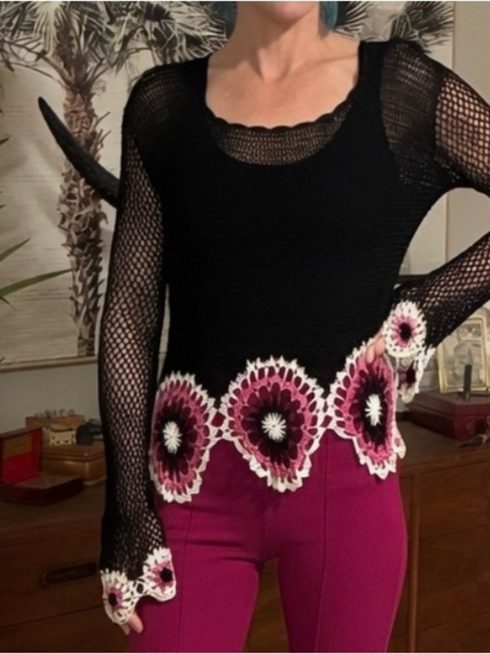 Bette Paige, Black Crochet Mesh Top with Pink Floral Trim